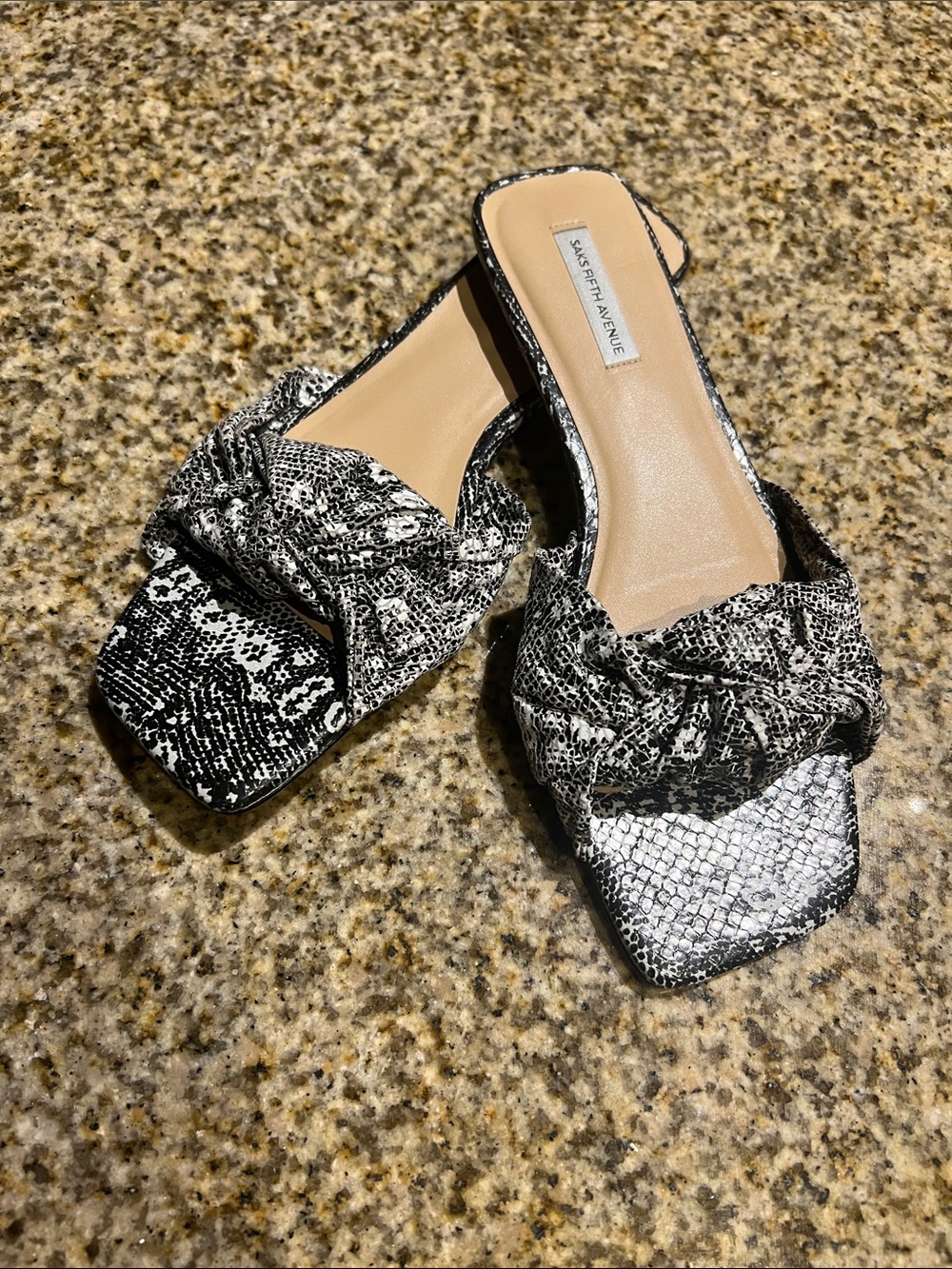 Saks Fifth Avenue Black & White Snakeskin Knot Slide Mules